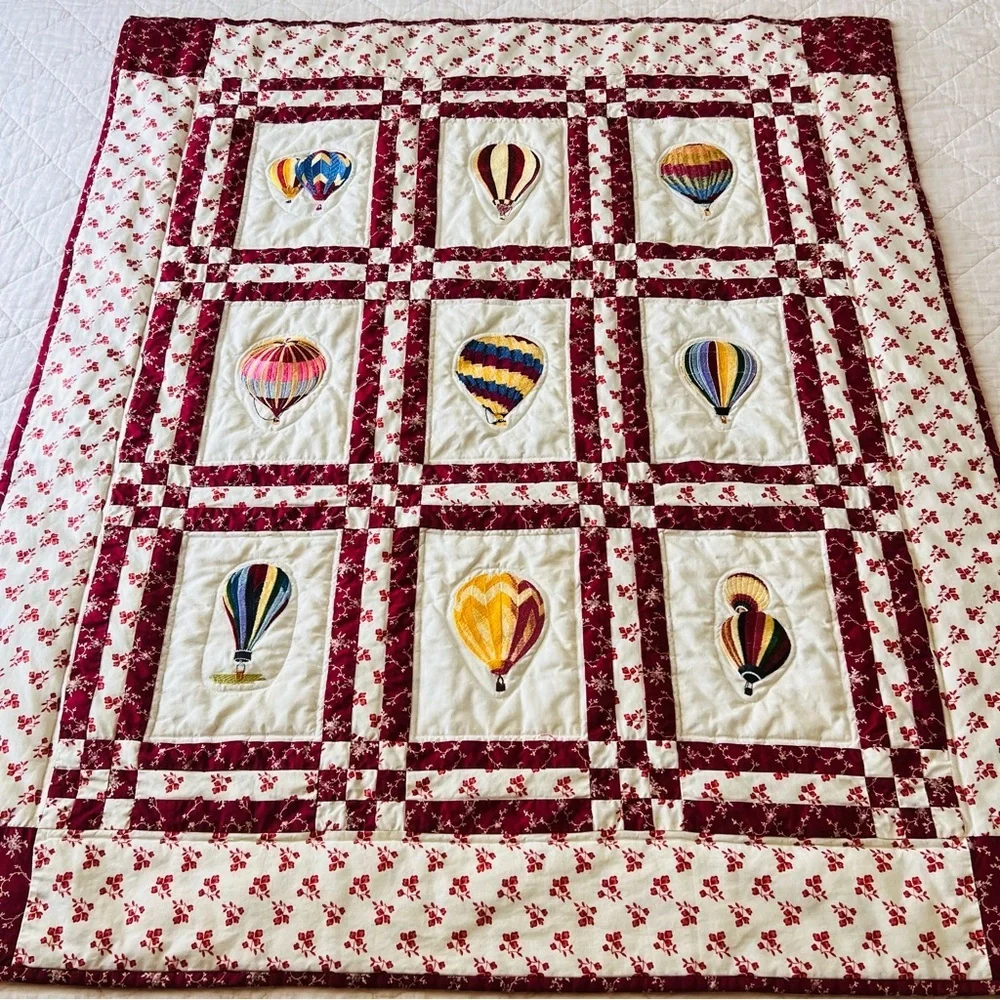 Bespoke Handmade Embroidered Hot Air Balloon Cotton Wall-Hanging Quilt.